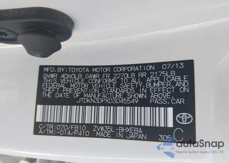 2013 Toyota Prius Plug-In из США, поврежденный, VIN JTDKN3DPXD3045549